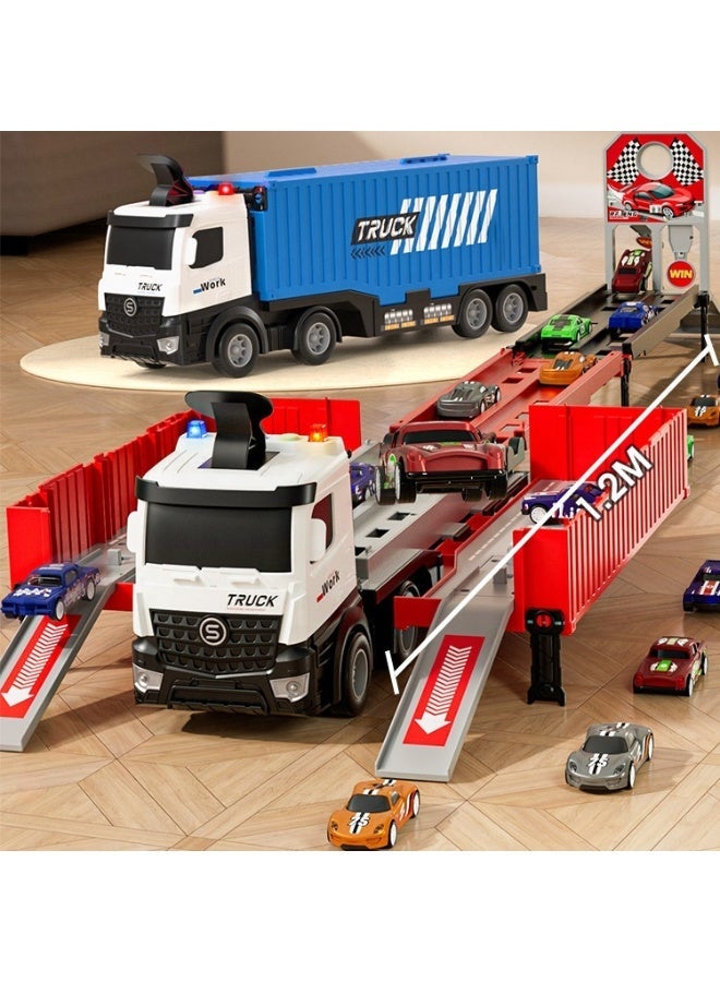 Foldable Carrier Truck Race Track Toy with 4 Alloy Cars – Converts to 48-inch Dual Raceway, ABS + Die-Cast, Container Truck with Car Slots - Image 3